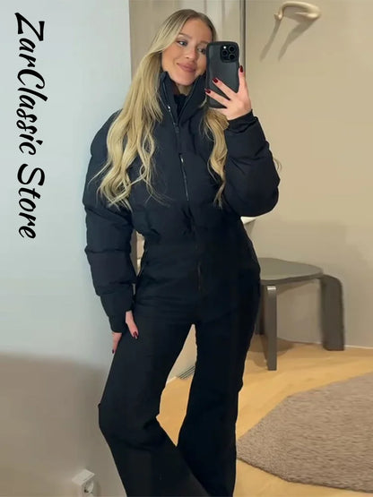 Fashion Patchwork Women's Ski Suit Warm Hooded Zipper Belt Full Sleeve Slim Jumpsuit Lady New Winter Casual Ski Clothing 2026