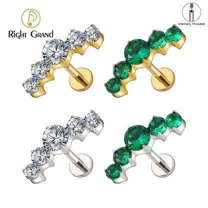 Right Grand ASTM F136 Titanium 16G CZ Cluster Flat Back Labret Stud Curved CZ Bar Climber Earring Helix Cartilage Stud Piercing