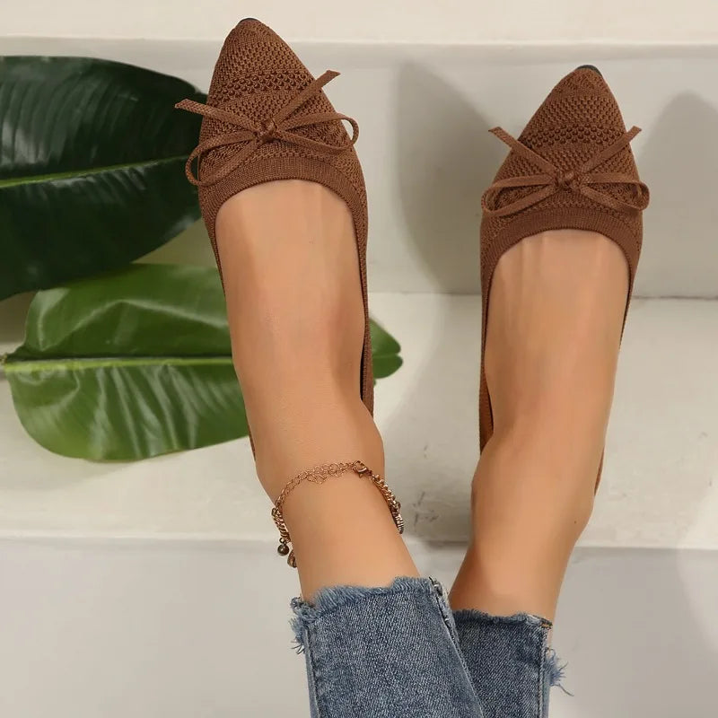 Pointed Bow Flying Flat Shoes Women's 2025 New Summer Casual Bean Shoes Knitted Soft Sole Knitted Women's Shoes Large Size 43
