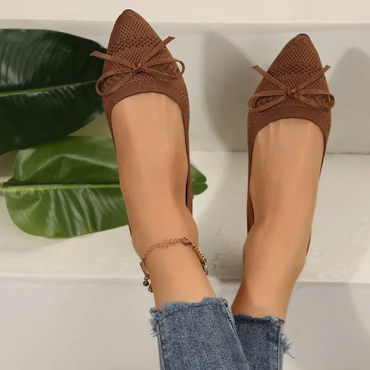 Pointed Bow Flying Flat Shoes Women's 2025 New Summer Casual Bean Shoes Knitted Soft Sole Knitted Women's Shoes Large Size 43