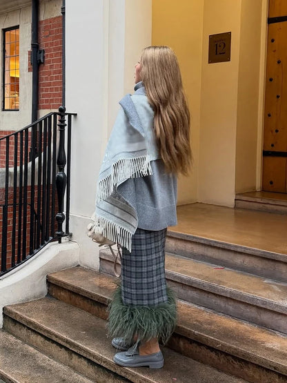Womens Argyle Knit Sweater 2 Piece Outfit Plaid Midi Skirt With Faux Fur Hem Trim 2026 Autumn Winter Elegant Street Fashion Wear