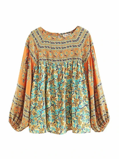 Vintage Chic Women Yellow Floral Print Long Sleeve Bohemian Blouse Shirt Loose Knited Boho Beach Rayon Cotton Blusa Tops