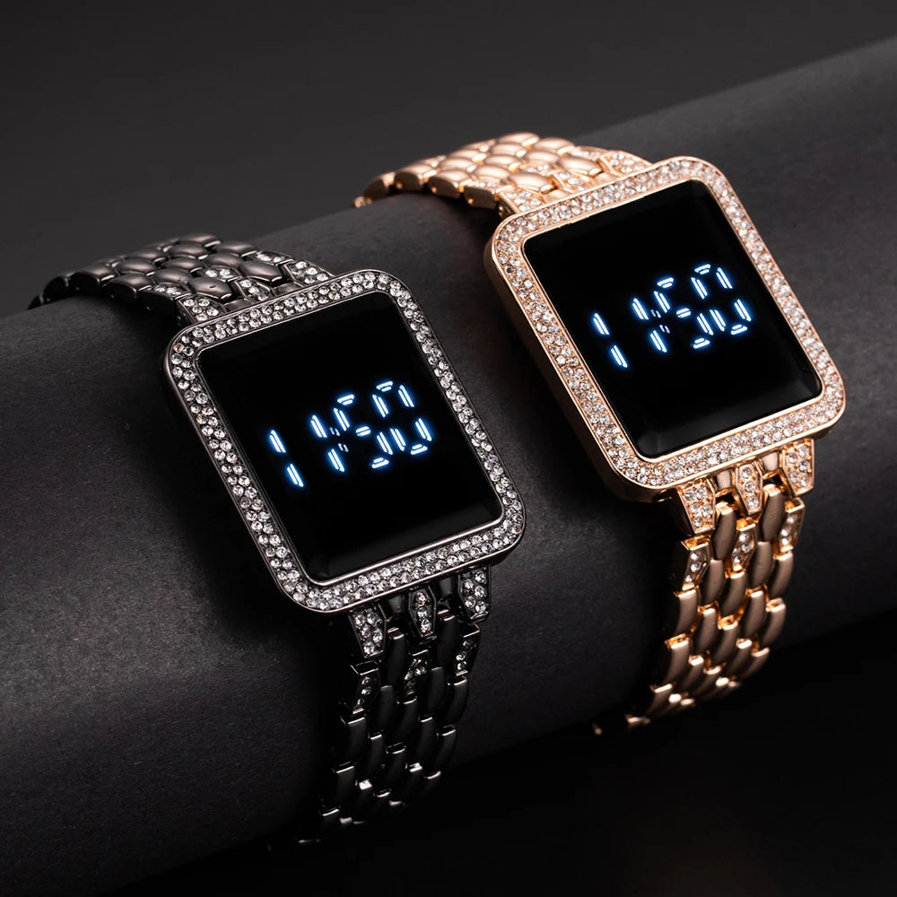Women's Watches Top Luxury Rhinestone Digital Watches for Woman Fashion Steel Ladies Wristwatches Electronic Clock Montre Femme