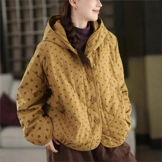 Johnature Women Vintage Hooded Button Parkas Warm Polka Dot 2025 Winter New Loose Casual Soft Female Pockets Thick Parkas