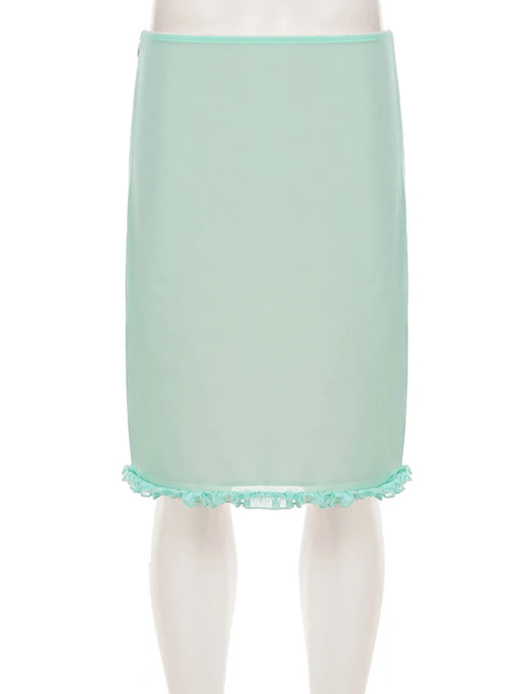 Women Y2K Mesh Midi Skirt Low Waist Ruffle Hem Slim Fit Solid Color Sheer Mid‑Calf Skirt Casual Streetwear Holiday Party Summer