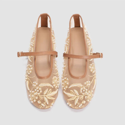 Embroidery String Bead Mesh Ballet Flats Women Fashion White Pearl Mary Jane Shoes Light Summer Flats Elegant Cozy Flat Sandals