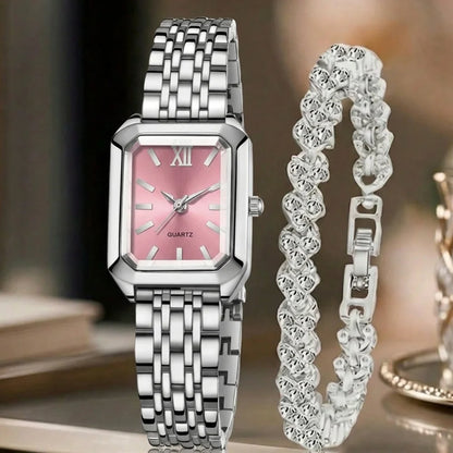 2Pcs/Set Unisex Jewelry Watches Women's Wristwatch Accessories Silver Blue Fashion Trendy Business Elegant Classic Exquisite Retro Light Luxury Rhinestone Luxury Bracelet Watch Set Suitable for Travel, Daily Outfits, Y2K Perf