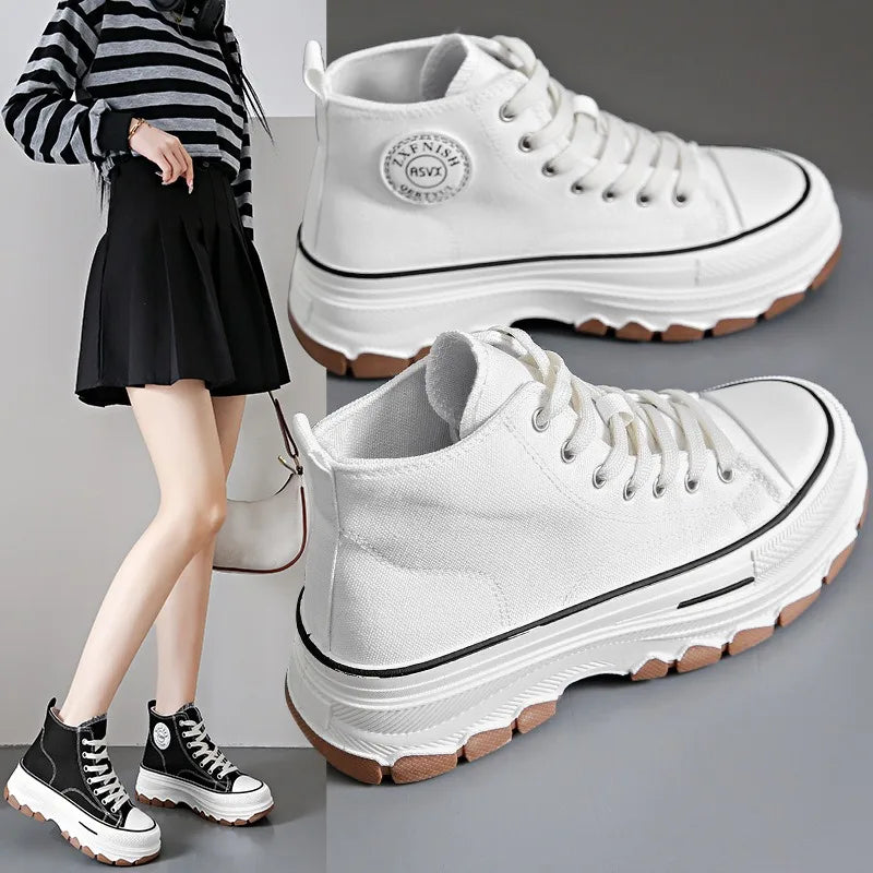 2024 New Women High Top Sneakers Lace-Up Casual Plarform Height Canvas Non-slip Wear Resistant Spring Female Vulcanize Shoes