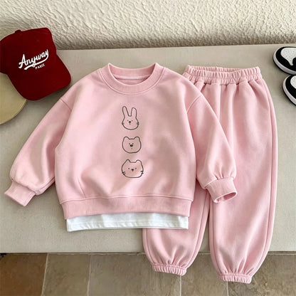 Pink Yellow Beige Suits Girls Autumn Clothing Printed Sweatshirts Loose Pants Infant Cute Round Neck Hoodies Solid Color Pants