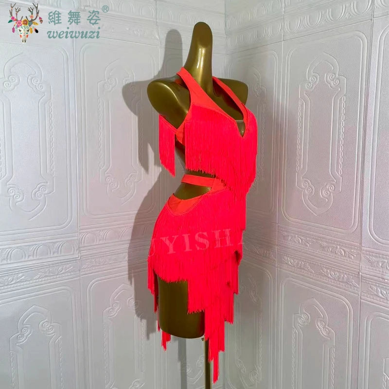 Latin Dance Competition Show Custom Adult Children's Red Fringe Dance Dress Ballroom Rumba Chacha Tango Performance Wear