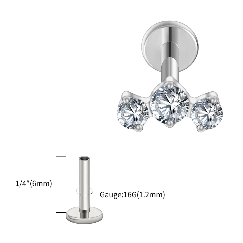 Right Grand ASTM F136 Titanium Triple CZ Cluster Cartilage Earring 16G Mini CZ Labret Tragus Helix Medusa Flat Back Piercing