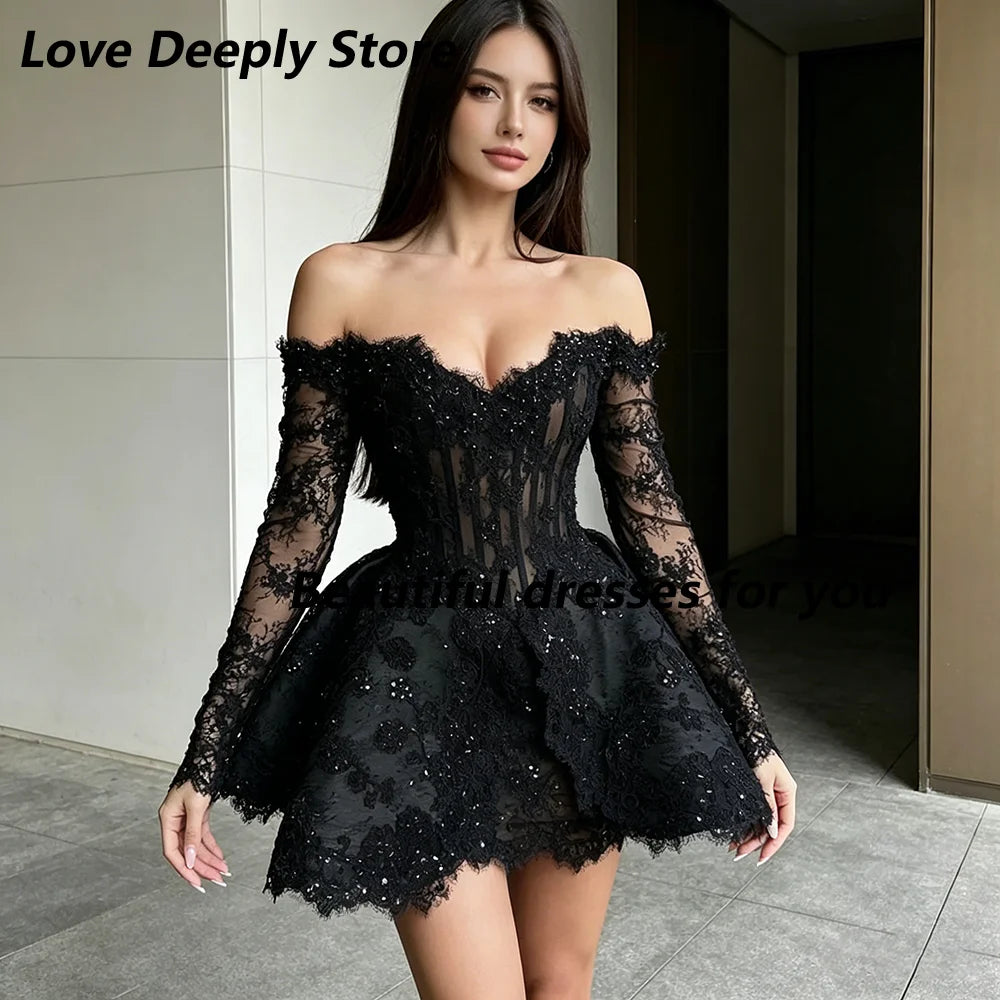 Black Lace Mini Cocktail Dresses for Woman Customized Sweetheart Neck 3/4 Sleeves Beading Luxury Prom Party Gowns 2026