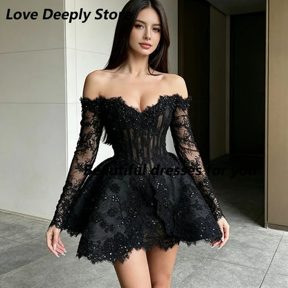 Black Lace Mini Cocktail Dresses for Woman Customized Sweetheart Neck 3/4 Sleeves Beading Luxury Prom Party Gowns 2026