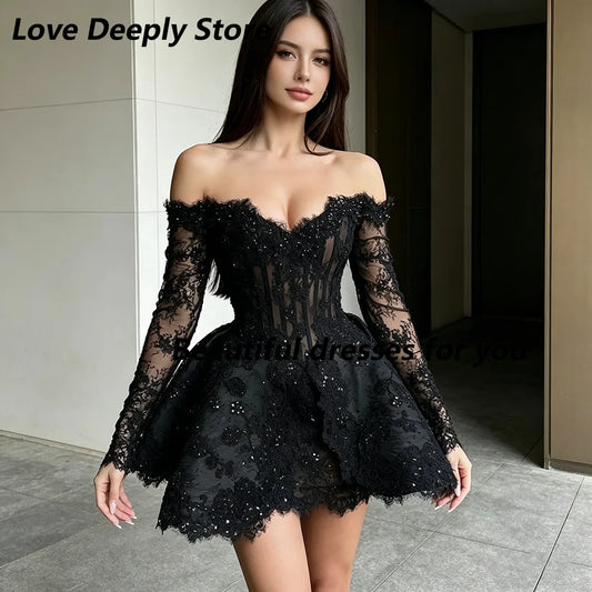 Black Lace Mini Cocktail Dresses for Woman Customized Sweetheart Neck 3/4 Sleeves Beading Luxury Prom Party Gowns 2026