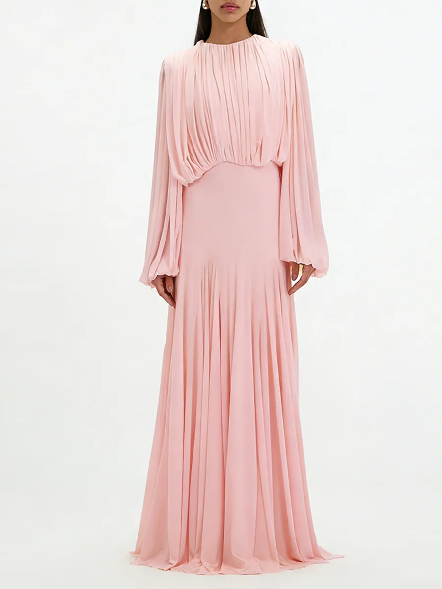 Women's Pleated Long-Sleeve Maxi Dress
