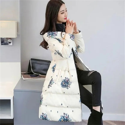 Cotton Jacket Women's Medium Long 2026 Winter New Korean Version Slim Print Thick Cotton Cloak Jacket Female Warm Parka Overcoat