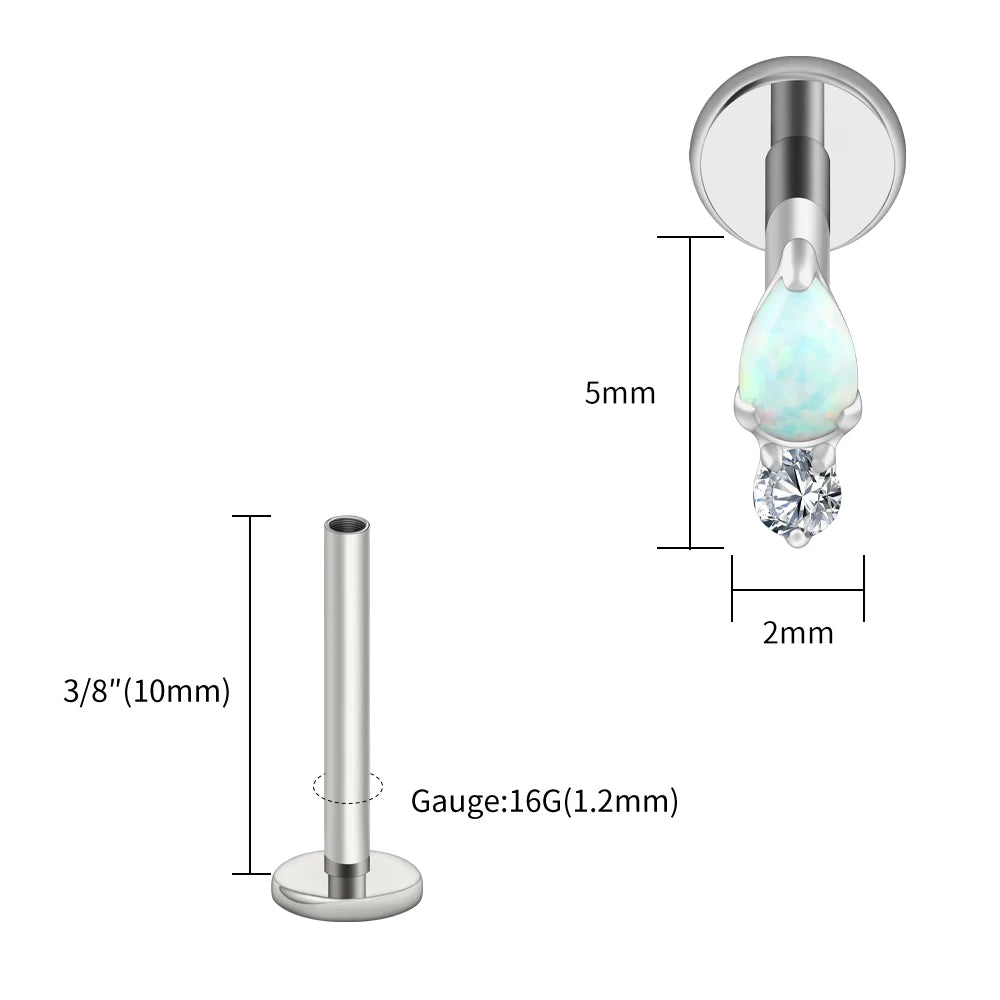 Right Grand ASTM F136 Titanium Teardrop Opal Cartilage Earring 16G Tiny Round CZ Forward Helix Labret Stud Piercing Jewelry