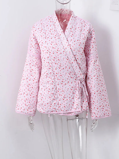 Casual Flower Printed Women Thick Coat Loose Lace Up Full Sleeve Female Quilted Jackets 2024 Autumn Winter Warm Lady Outwears