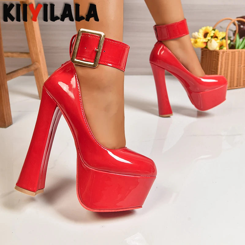 Women's Buckle-Strap Chunky Platform Pumps