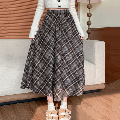 Women's Plaid Pleated A-Line Long Skirt