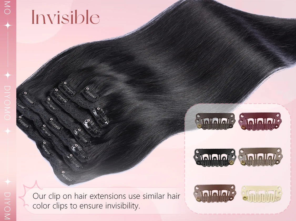 Natural Black Straight Human Hair Extensions Set of 7 PU Clip-In Invisible Wefts 116g Lightweight for Women Hairdressing