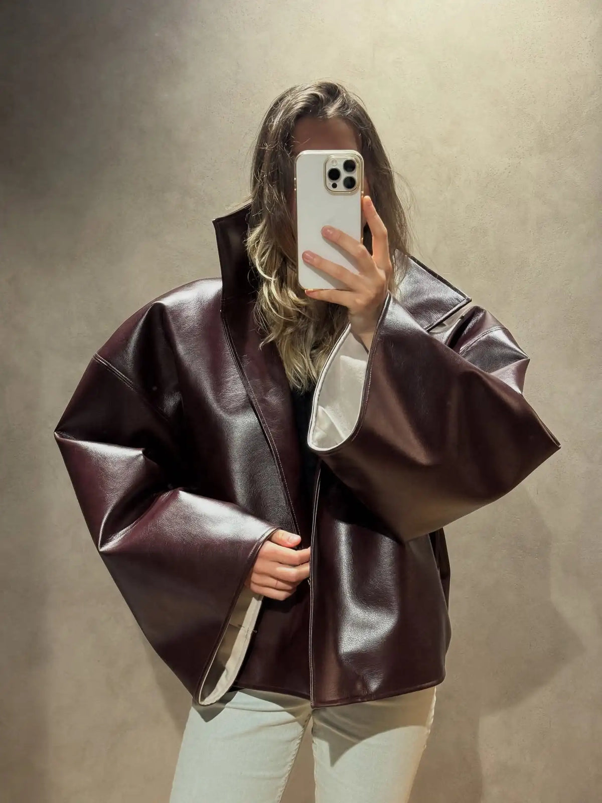 Women Retro Cropped Pu Leather Jacket High Stand Collar Open Front Loose Oversized Long Sleeve Outerwear Street Short Outerwear