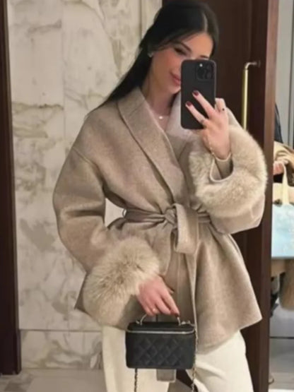 Retro Faux Fur Patchwork Woolen Maxi Coat Women Solid Full Sleeves V-neck Lace Up Loose Coats Lady Winter Commute Outwear New
