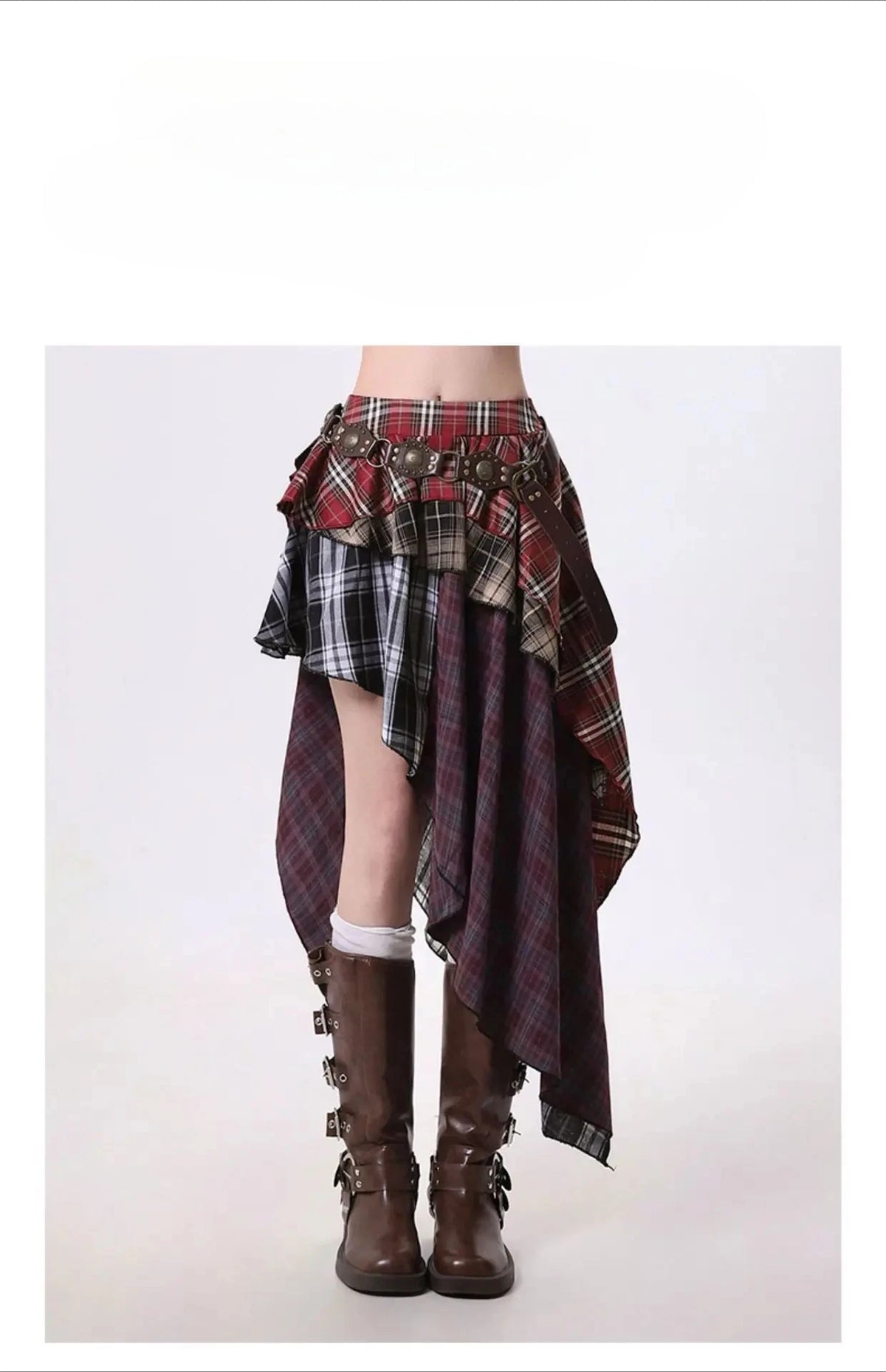 Summer Women Skirt Irregular Plaid Streetwear Patchwork Oversize Spice Girl Design Harajuku Female Midi Skirt