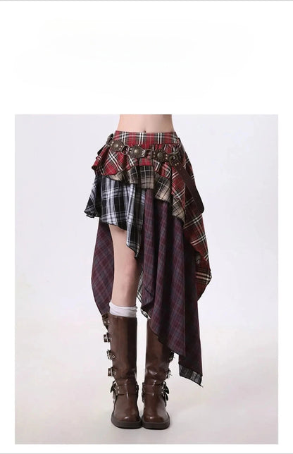 Summer Women Skirt Irregular Plaid Streetwear Patchwork Oversize Spice Girl Design Harajuku Female Midi Skirt
