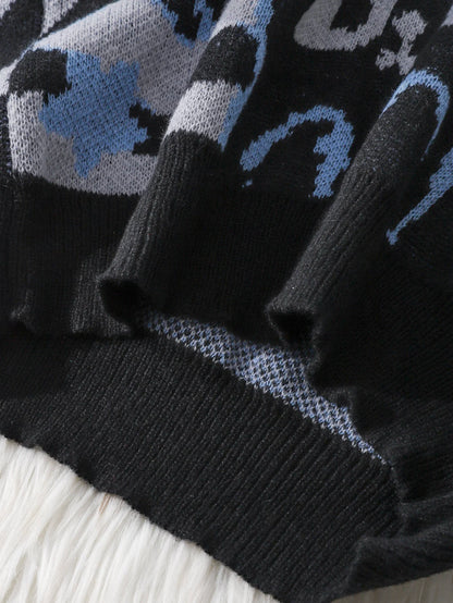Autumn and Winter Abstract Cat Jacquard Double-Sided Pattern Pullover Sweater Casual Round-Neck Knit Men's Pullover Sweater Suitable for Daily Wear Unisex Outerwear