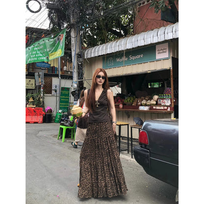 【FANGTING】Women's Leopard Print Skirt Summer Elastic Waist Chiffon High Waist Vintage Midi Skirt