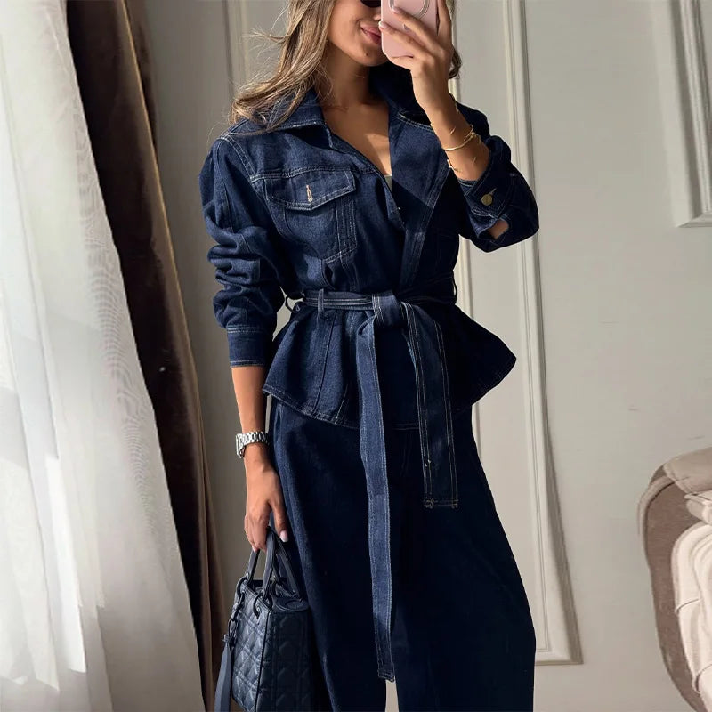 Elegant Belt Denim Jacket Women's Pants Sets Lapel Full Sleeve Pockets Coats Wide Leg Pant 2026 Autumn Lady Commute Suits