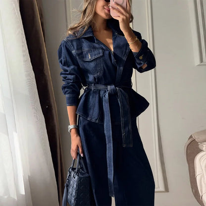Elegant Belt Denim Jacket Women's Pants Sets Lapel Full Sleeve Pockets Coats Wide Leg Pant 2026 Autumn Lady Commute Suits