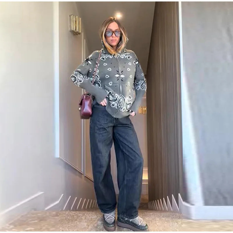 Casual Women's Jacquard Knit Cardigan Loose Stand Collar Zipper Long Sleeve Pockets Sweater 2026 Autumn Lady Vintage Sweaters