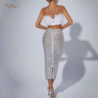 PuTao 2 Piece Formal Outfit White Feather Strapless Crop Top Sequin Mesh Midi Skirt Set Evening Birthday Cocktail Dresess