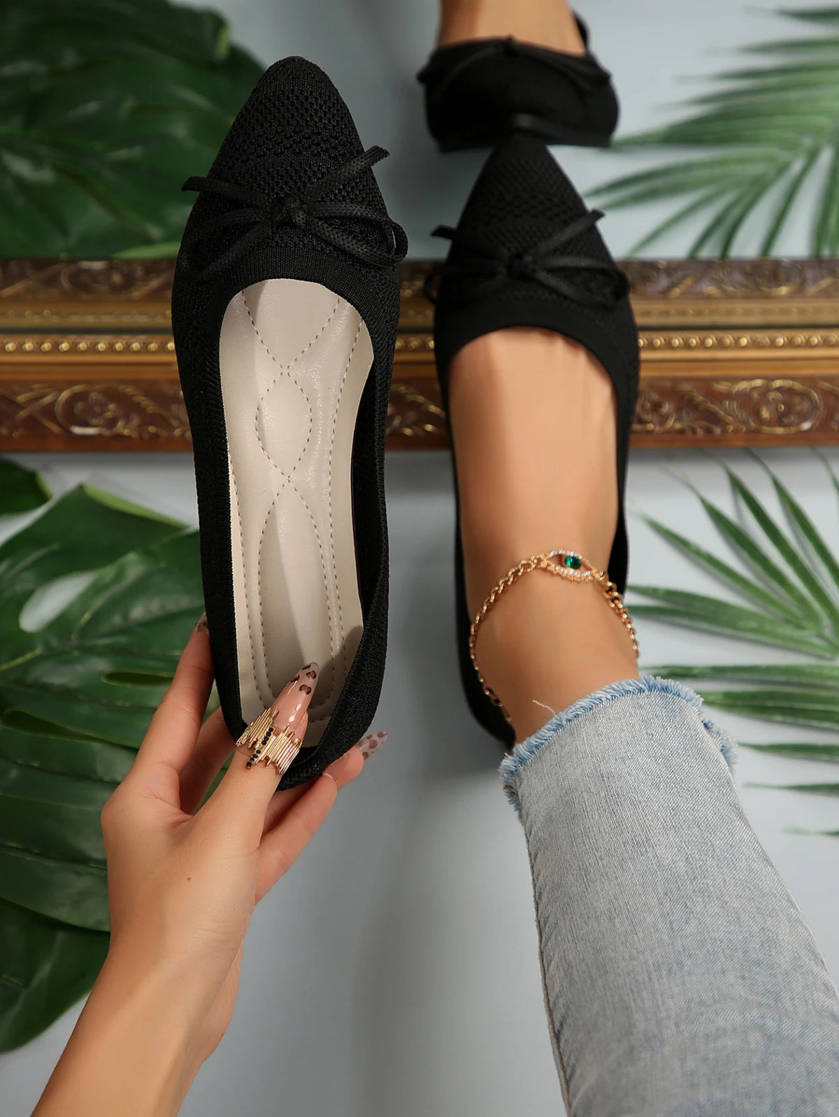 Pointed Bow Flying Flat Shoes Women's 2025 New Summer Casual Bean Shoes Knitted Soft Sole Knitted Women's Shoes Large Size 43