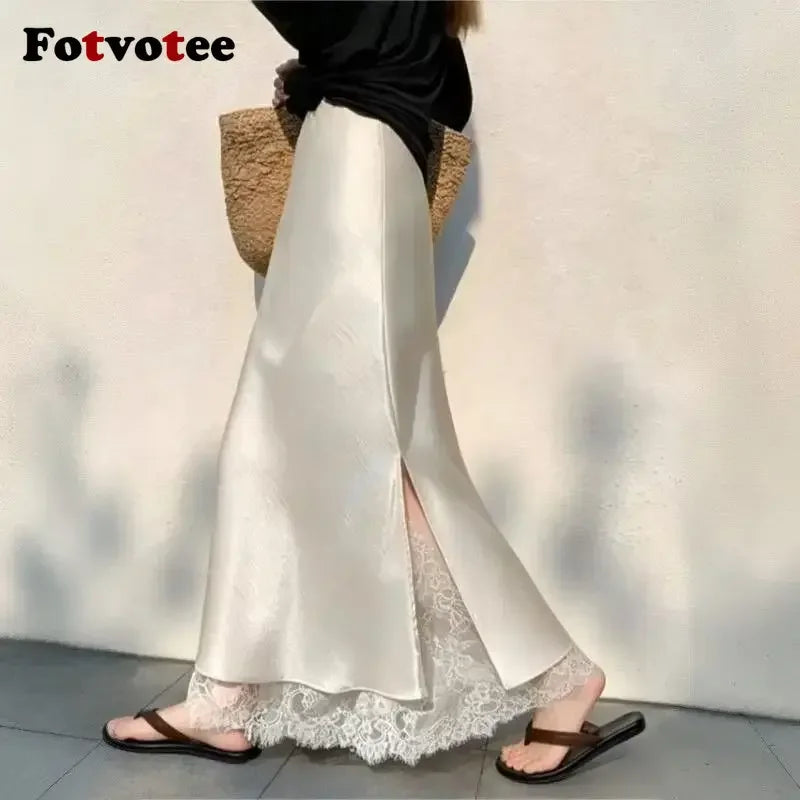 FOTVOTEE Elegant Satin Fish Tail Half Skirt High Waist Lace Splice Side Slit Draping Long Women's Skirt Slimming Party Midi Skin