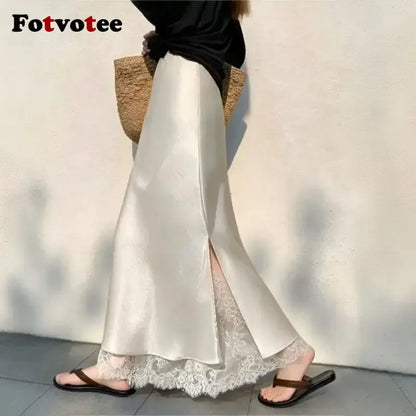 FOTVOTEE Elegant Satin Fish Tail Half Skirt High Waist Lace Splice Side Slit Draping Long Women's Skirt Slimming Party Midi Skin