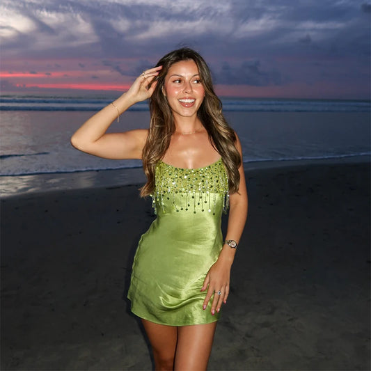 Sequin Tassel Beach Mini Dress  Women Satin Spaghetti Straps Square Neck Party Club Short Skirt 2026 NEW Summer Vacation Dresses