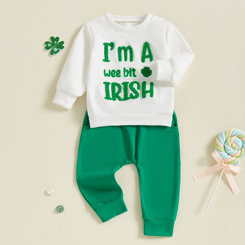 Citgeett Spring St. Patrick's Day Toddler Baby Boys Girls Outfits Long Sleeve Clover Embroidery Sweatshirt + Pants Set Clothes
