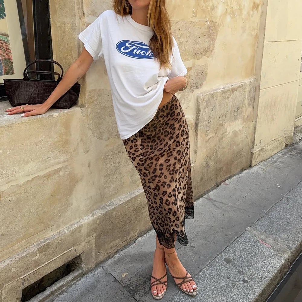 Talenza Summer Leopard Print Midi Skirts Sexy Women's Lace Patchwork Slim Skirts Fashion New Vintage Vacation Clubwear Y2K Skirt