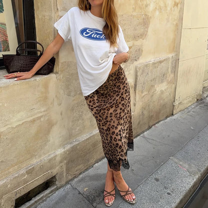 Talenza Summer Leopard Print Midi Skirts Sexy Women's Lace Patchwork Slim Skirts Fashion New Vintage Vacation Clubwear Y2K Skirt