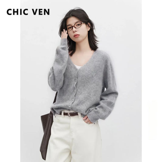 CHIC VEN New Women Cardigan Loose Casual V Neck Single-breasted Long Sleeved Top Retro Female Knitted Sweater Autumn Winter 2026