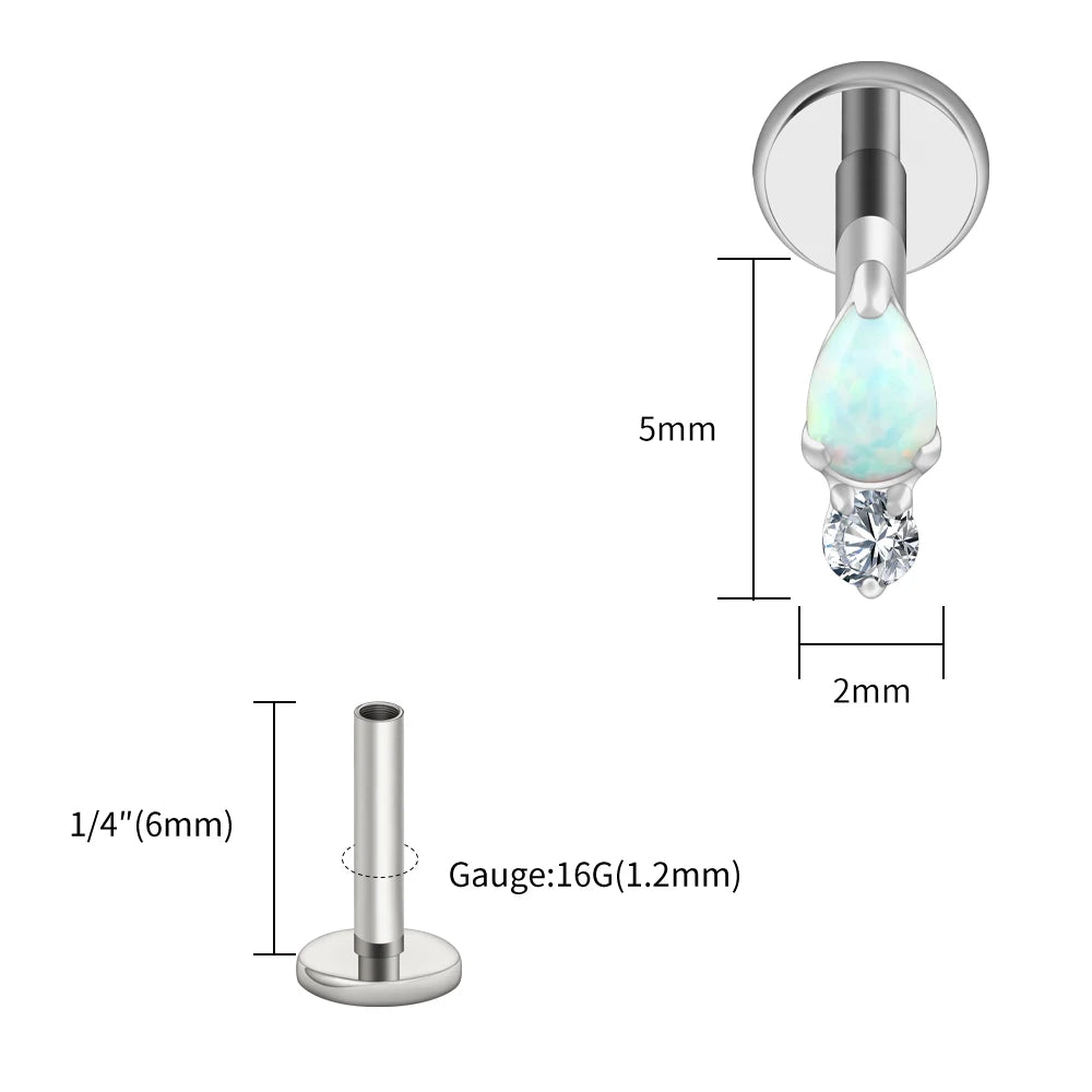 Right Grand ASTM F136 Titanium Teardrop Opal Cartilage Earring 16G Tiny Round CZ Forward Helix Labret Stud Piercing Jewelry