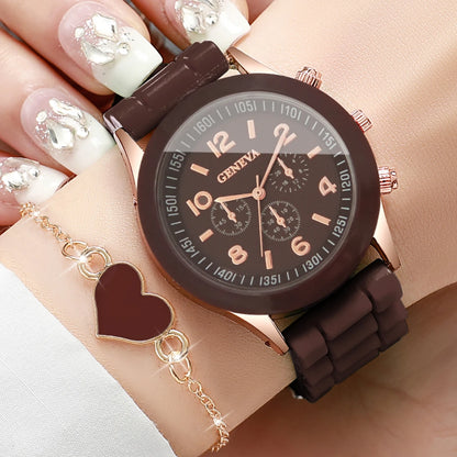 2PCS Fashion Women Quartz Watch Heart Bracelet Set Silicone Strape Decorative Sub‑Dials Wristwatch Relogio Feminino（Without Box）