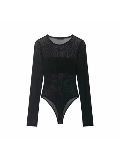 Women Sexy Mesh See Through Bodysuit Women Long Sleeve Sheer Bodysuits O Neck Bodycon Jumpsuit Female Romper