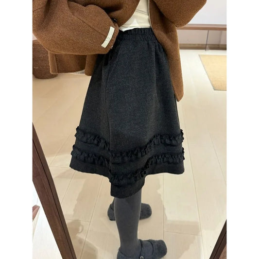 Women Autumn Winter Wool Blend Skirt Elastic Waist Ruffle Trim A Line Midi Casual Sweet Bottoms
