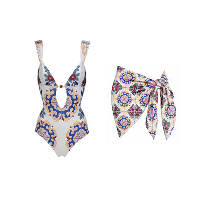 Push Up 2026 New Retro Prints 3 Pieces Bikinis Sets With Mesh Pants Beachwear Sexy Women's Swimsuit Cover-ups Strappy Beach Wear