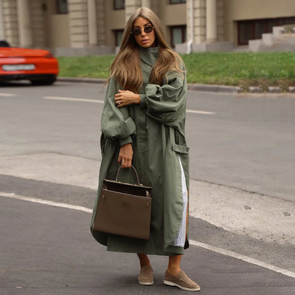 Oversized Solid Wome's Long Trench Coat Puff Sleeve Side Slit Maxi Windbreaker Lapel Single Breasted Lady Autumn Tench Coats
