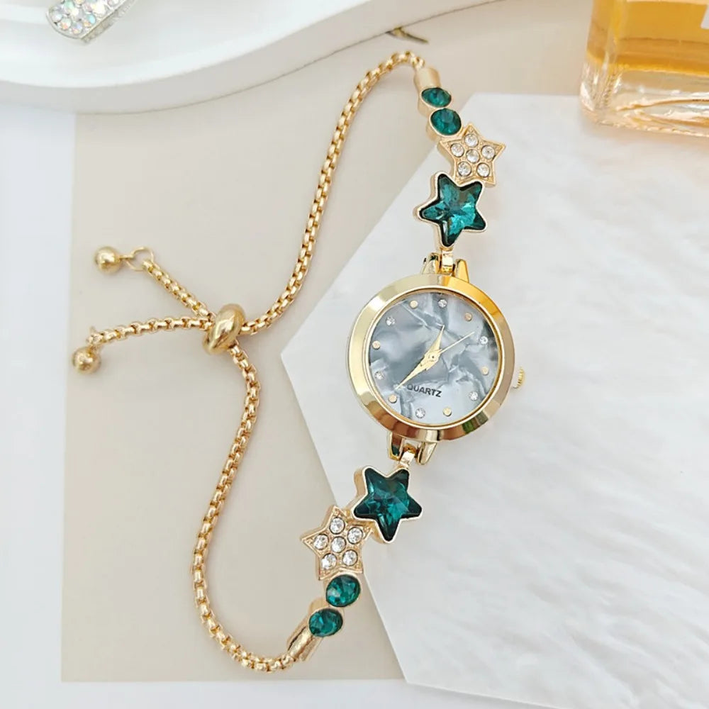 Fashion Adjustable Bracelet Watch Rhinestone Alloy Quartz Watch Star Chain Watch for Women Girls